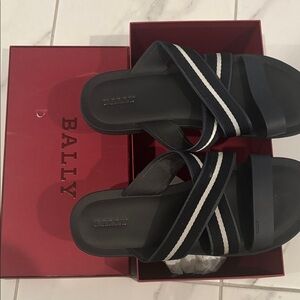Bally Black Sandals with Navy Striped Strap